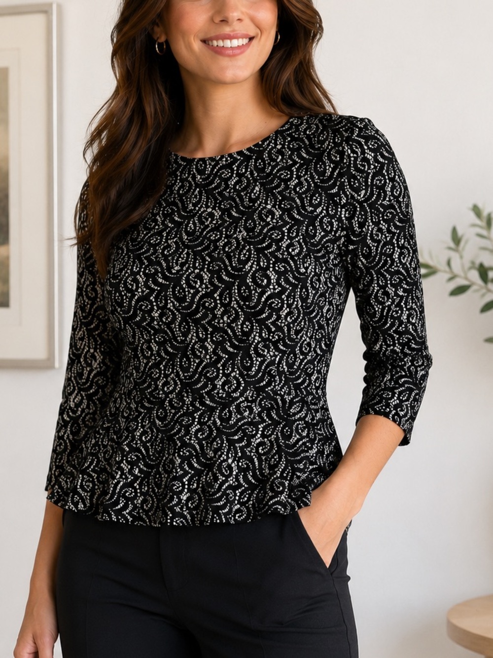 J.Crew Black Lace Peplum Top XS 3/4 Sleeve Back Zip